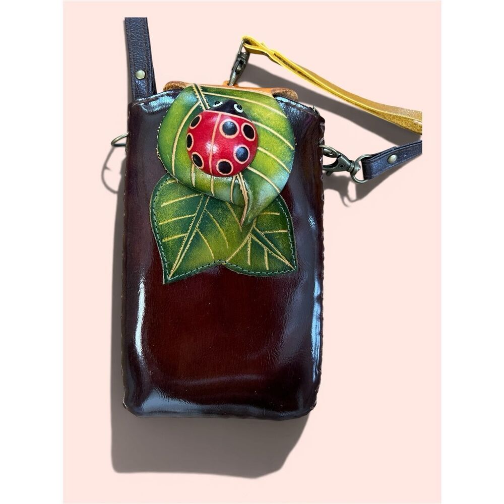 Adorable  Ladybug Crossbody Bag - Burgundy Three Dimensional Leaf & Bug